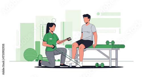 Physical therapist assisting patient with resistance band exercises for rehabilitation focusing on