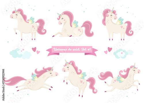Set of unicorns. Fairytale illustrations. Collection of images of unicorns in different poses.