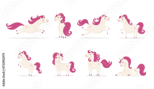 Set of unicorns. Fairytale illustrations. Collection of images of unicorns in different poses.