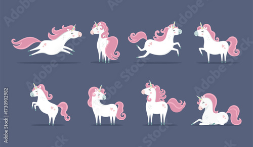 Set of cute magical unicorns. Fairytale illustrations. Collection of images of unicorns in different poses on dark background. Little princess theme. Vector hand drawn illustration. Kids theme.