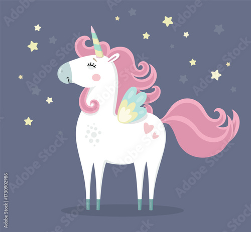 Основные RGCute proud magical unicorn in stars. Little princess theme. Vector hand drawn illustration. Beautiful fantasy cartoon animal. Great for kids party, greeting cards, invitation, print for apB