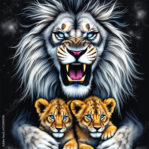 Mystical Lion Family Vector — Black and White Illustration with Blue-Eyed Cubs, Protective Pose, and Cosmic Starry Background