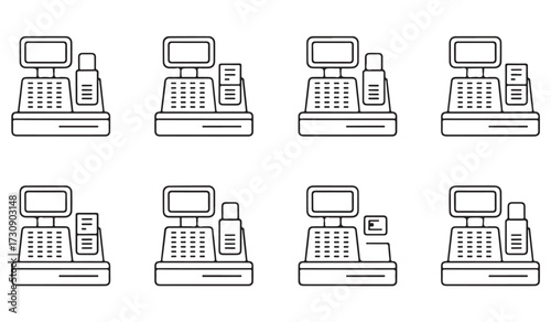 Point of sale and retail checkout icon pack with cash register devices, transaction equipment, and commerce tools in linear illustration