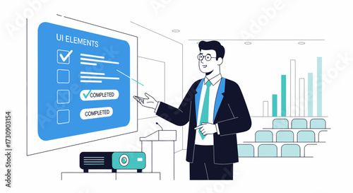 Professional man presenting UI elements checklist in modern conference room setting