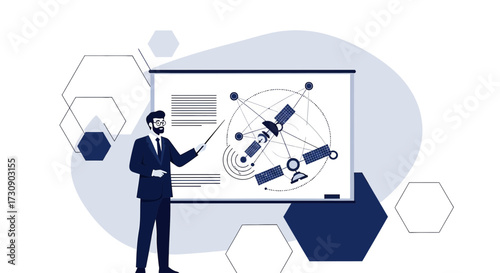 Professional man presenting satellite communication on a whiteboard with geometric accents and
