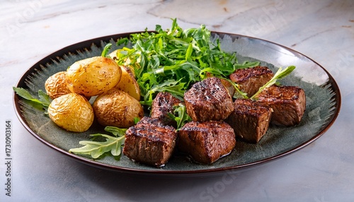 Grilled Meat Cubes With Roasted Potatoes And Arugula Salad