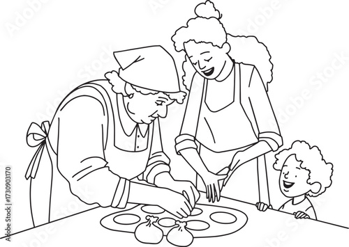 grandmother cooking with grandchildren line vector minimalistic art. Vector illustration