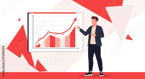 Professional presenter showcasing business growth chart with upward trending arrow and data points