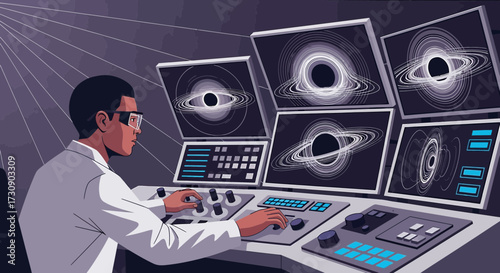Scientist Analyzing Black Hole Data on Multiple Screens in a Futuristic Laboratory