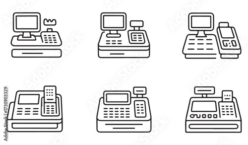 Electronic cash register icons in minimal outline style featuring POS terminal, retail billing, keypad, monitor, and payment machine