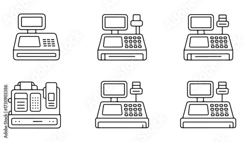 Retail POS and cash register line icons showing shop checkout, terminal, cashier device, and business transaction illustrations