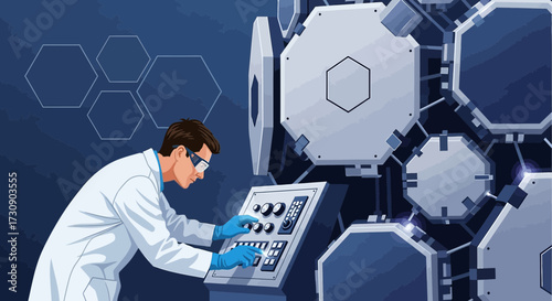 Scientist operating advanced research machinery in a high tech laboratory setting using safety