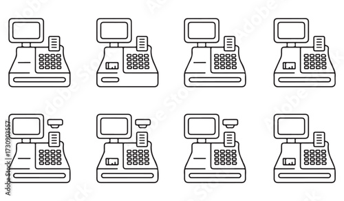 Cash register and point of sale outline icons set with retail checkout machines, billing systems, and payment transaction equipment