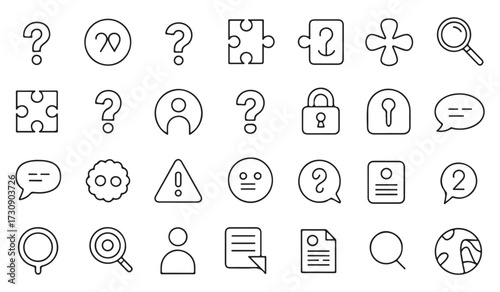 Problem solving and business outline icon collection with question marks, solution key, documents, magnifier, team, and communication elements