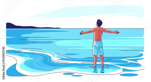 Serene beach scene with man embracing the ocean view and the calm horizon ahead