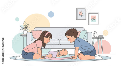 Siblings bonding with their newborn baby at home creating a heartwarming family moment illustration