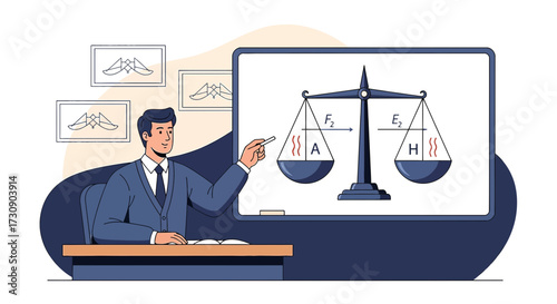 Teacher explaining thermodynamics equilibrium with balance scale equation illustration