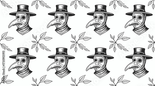Seamless pattern of plague doctor masks with leaves in black and white  