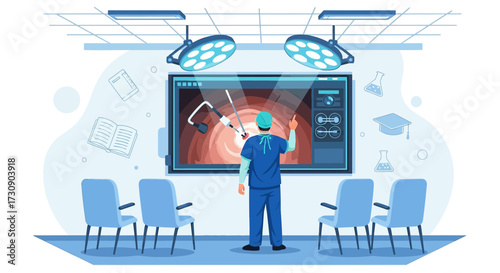Surgeon pointing at endoscopic surgery video on screen in operating room for training