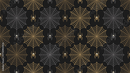 Luxurious seamless pattern of golden and black spiderwebs for Halloween  