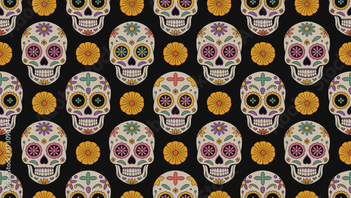 Colorful skull pattern with flowers on black background for Halloween-themed seamless pattern  