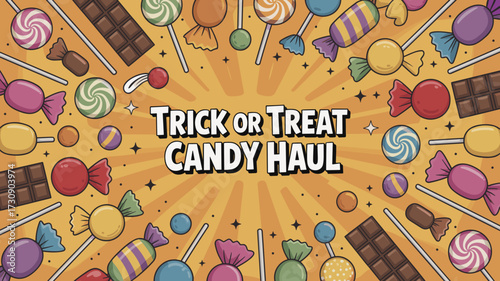 Colorful Halloween-themed background of candy and treats  