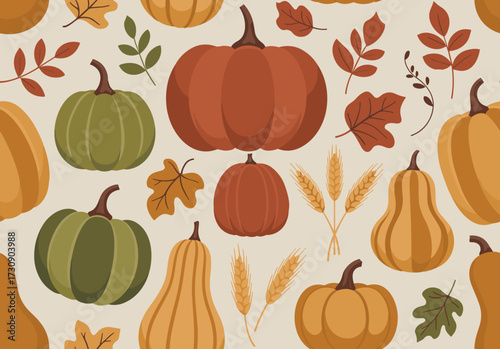 Colorful autumn harvest seamless pattern with pumpkins and leaves  