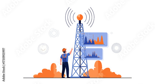 Telecommunications engineer inspecting signal tower with data charts and cloud elements