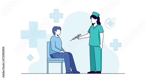 Vaccination campaign illustration featuring a nurse vaccinating a patient in a medical setting