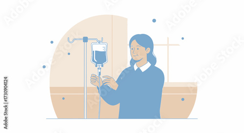 Vector illustration of an elderly woman receiving intravenous therapy in a hospital room