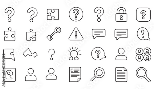 Business communication and problem solving outline icons set with question marks, chat bubbles, documents, search, warning, and teamwork symbols