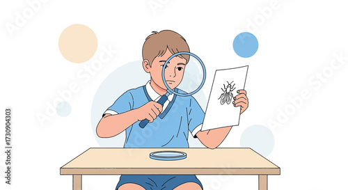 Young boy enthusiastically exploring drawing with magnifying glass for educational purpose showing