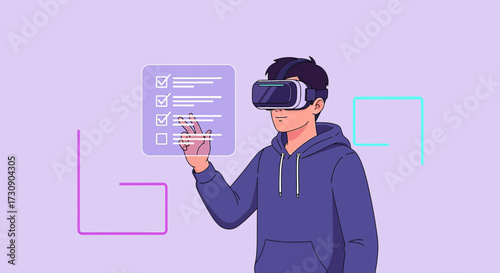 Young man using virtual reality headset interacting with digital interface futuristic experience