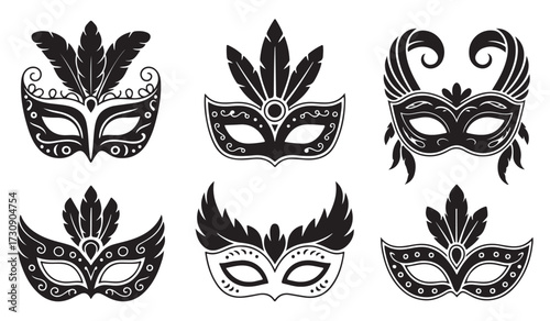 Elegant carnival mask set with ornate designs, feathers, classic masquerade styles, and decorative accessories for theater and celebration themes