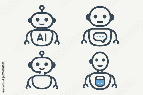 Four stylized robot icons representing artificial intelligence and communication technologies