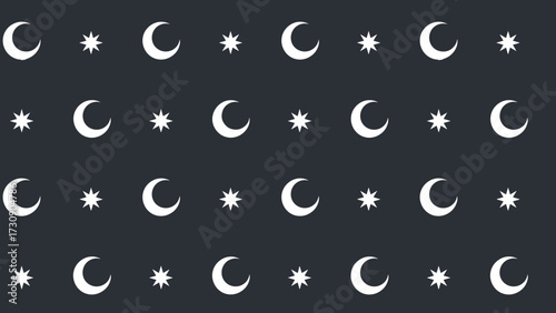 Minimalist crescent moon and star seamless pattern in dark background  