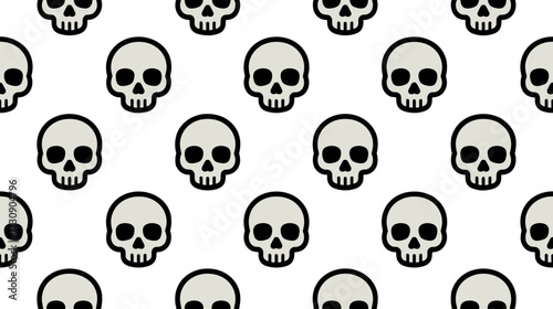 Halloween-themed seamless pattern with black skulls on white background  