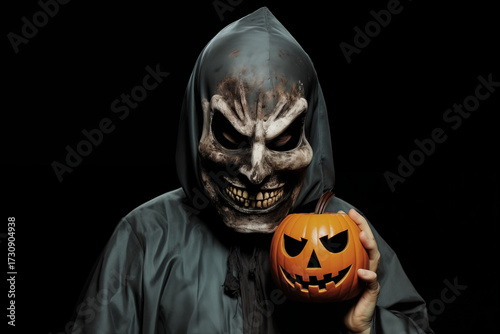 sinister hooded figure in a creepy monster mask holding a glowing jack-o'-lantern, a terrifying portrait on a black background for halloween and horror themes. Helloween 