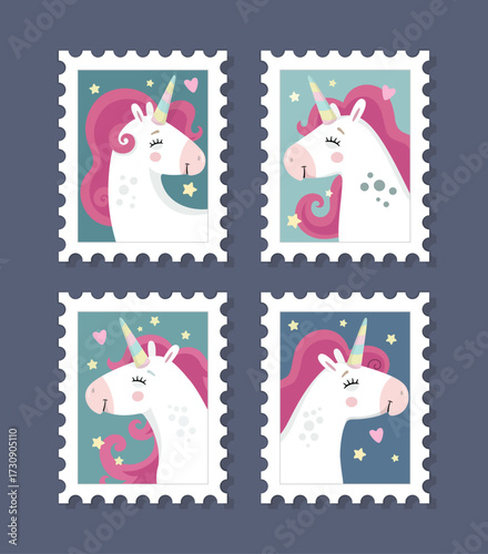 Set of post stamps with unicorns. Collection of children's fairy tale theme stylized stamps. 