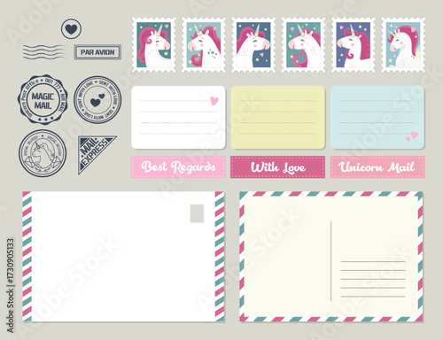 Big set of cute unicorn theme cards, stamps, envelopes. Decorative elements for greeting and wish cards, invitations, birthday party, baby shower. Pastel colors.