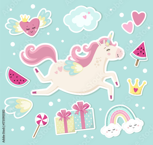 Основные RGBCute flying unicorn sticker collection with rainbow hearts gifts sweets and kawaii fantasy elements vector illustration