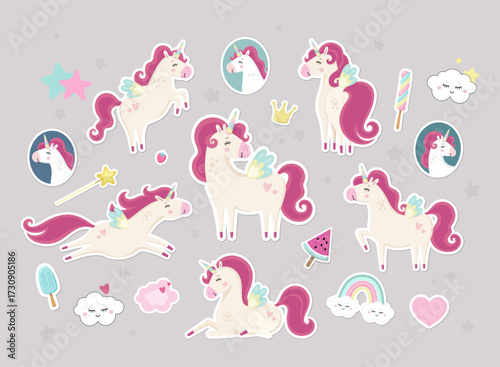 Cute unicorn sticker collection with magical fantasy characters rainbows sweets clouds and kawaii vector illustration