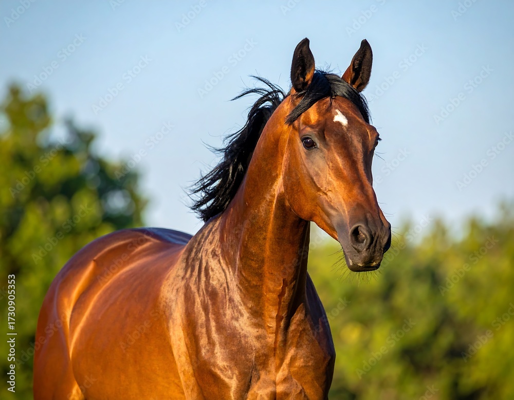 Obraz premium Horse portrait in sunlit field