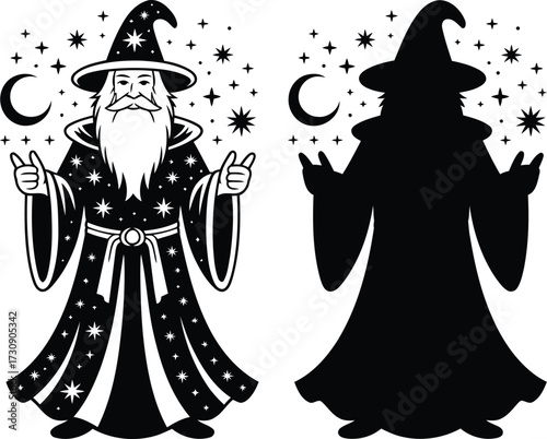 Wizard with Staff in Robe and Shadow Isolated on Transparent Background