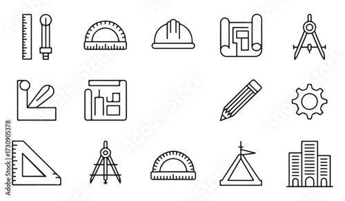 Modern outline design icons set showing blueprint, architecture tools, pencil, compass, contractor helmet, building project, and measurement equipment