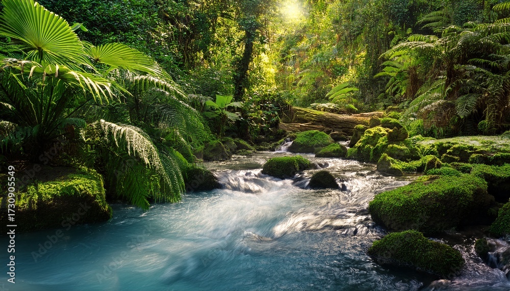 Fototapeta premium Tropical Rainforest Scene Featuring Lush Vegetation And Clear Streams Winding Through Rocky Cascades And Subterranean Water Channels