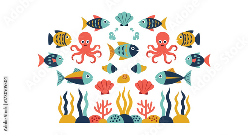 Symmetrical vector illustration of marine life with colorful fish, octopus, and seashells. A decorative underwater sea world pattern design set