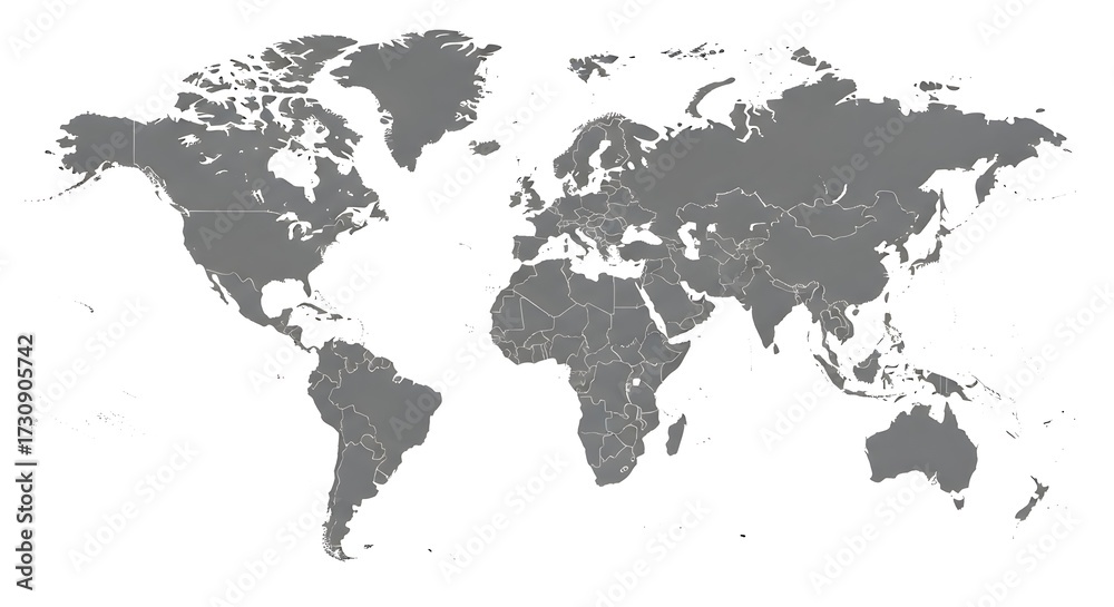 Naklejka premium Minimalist light gray world map with outlined country borders, suitable for educational materials, business reports, travel guides, and global data visualization, highlighting international scope.
