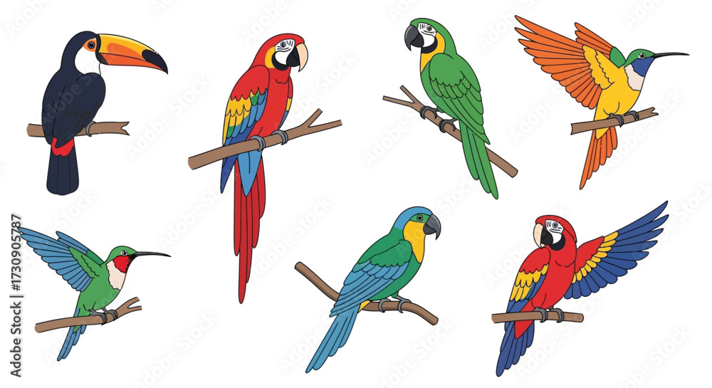 Obraz premium Vibrant Vector Illustrations of Tropical Birds Perched on Branches in a Colorful Natural Environment for Creative Projects
