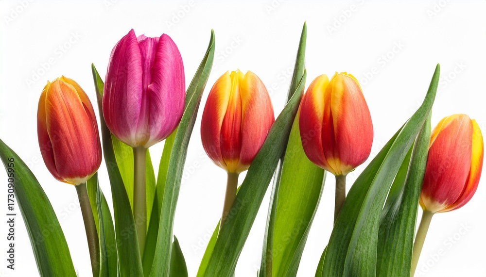 Obraz premium Spring Tulip Flowers In A Row Isolated On White